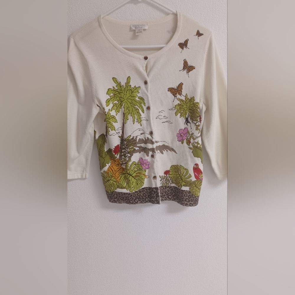 Christopher & Banks Woman's Cardigan. Tropical/jungle print. Button down. Small